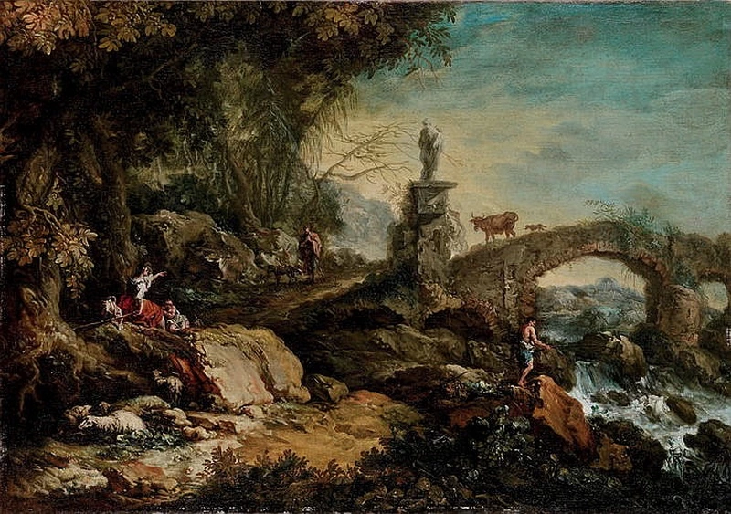 Paesaggio di montagna con ponte, statua e figure